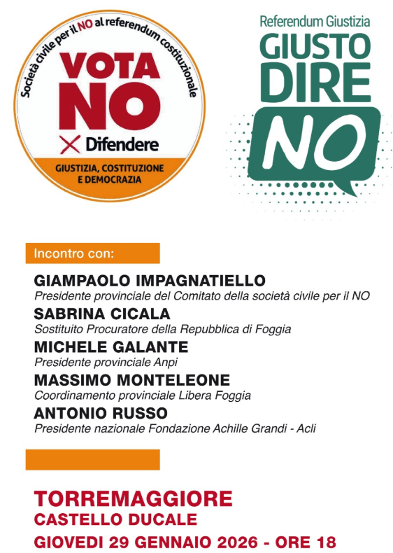 Torremaggiore: evento per il No al Referendum il 29 gennaio 2026 alle ore 18 presso il Castello Ducale De Sangro