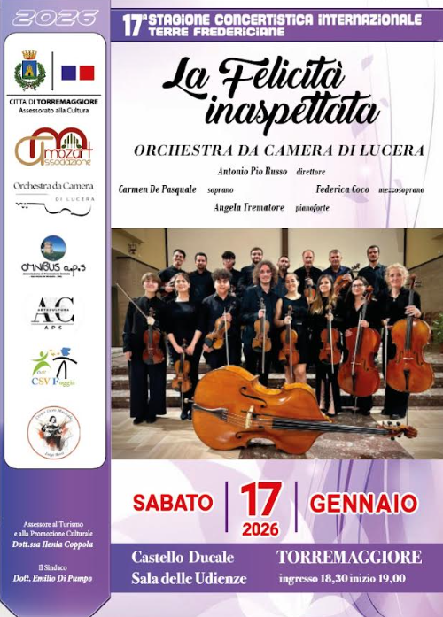 Inaugurazione della XVII stagione Concertistica Terre Federiciane sabato 17 gennaio 2025 alle ore 19 al Castello Ducale De Sangro di Torremaggiore