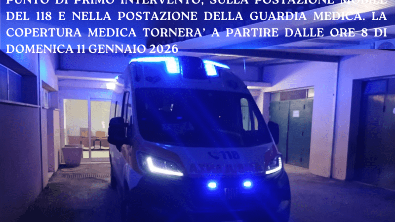 Torremaggiore: da sabato 10 gennaio 2026 ore 20 fino alle ore 8 di domenica 11 gennaio 2026 nessun medico al Punto di Primo Intervento, sull’ambulanza del 118 e alla postazione della Guardia Medica all’ex Ospedale San Giacomo