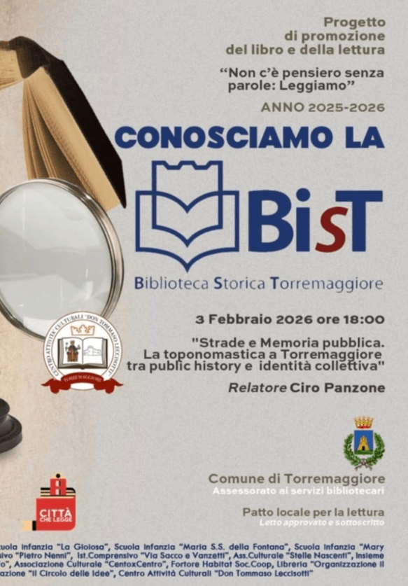 Il 3 febbraio 2026 alle ore 18 relazione storica di Ciro Panzone sulle strade e la memoria pubblica. Un focus sulla toponomastica di Torremaggiore tra public history e identità collettiva