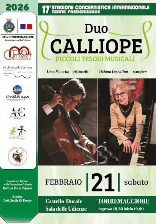 XVII stagione concertistica Terre Federiciane organizzata dall’Associazione Mozart: appuntamento il 21 febbraio 2026 con il concerto del Duo Calliope al Castello Ducale De Sangro a partire dalle ore 18.30