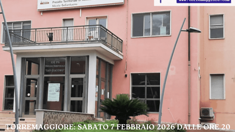 Torremaggiore: sabato 7 febbraio 2026 dalle ore 20 fino alle ore 8 di domenica 8 febbraio sarà presente il medico con copertura h12 al Punto di Primo Intervento all’ex Ospedale San Giacomo