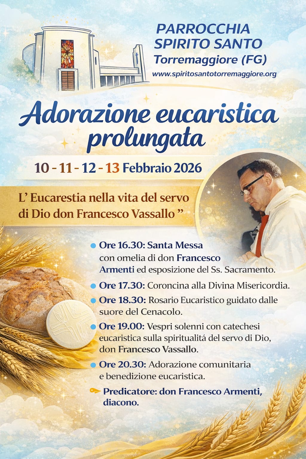 L’Eucarestia nella vita del Servo di Dio Don Francesco Vassallo: adorazione eucaristica prolungata dal 10 al 13 febbraio 2026 presso la Parrocchia dello Spirito Santo di Torremaggiore