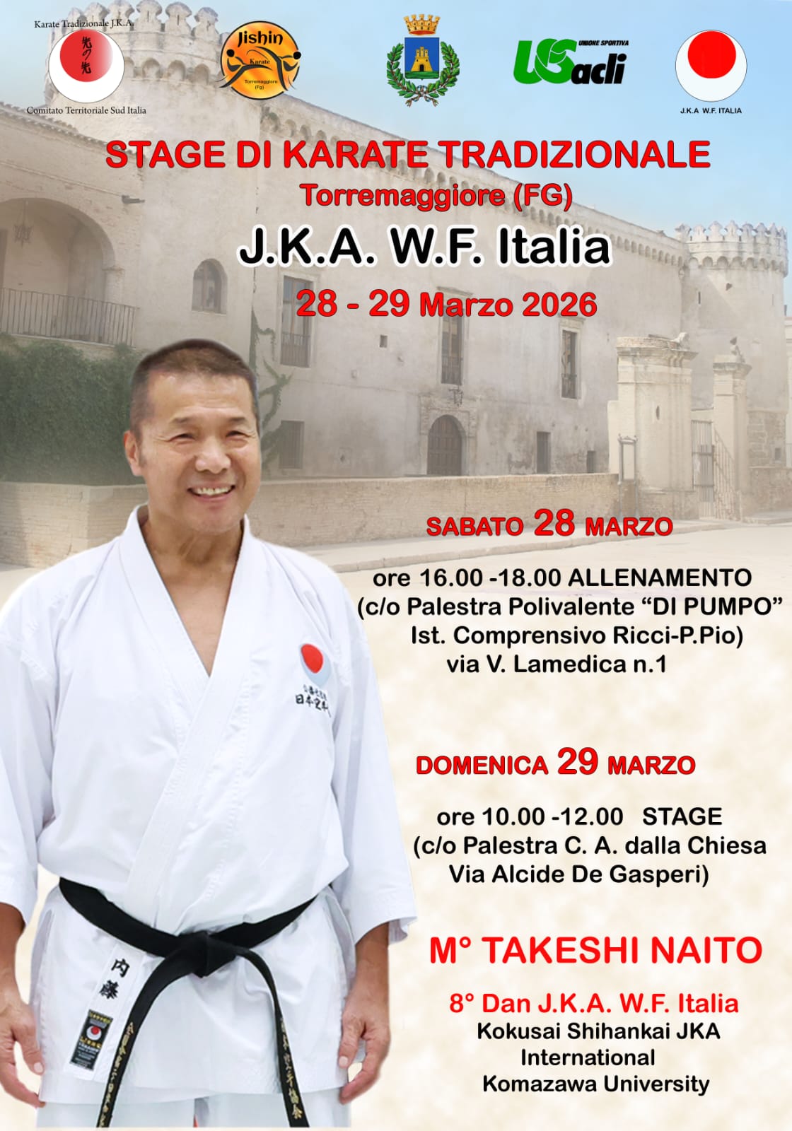 Karate: a Torremaggiore arriva il Maestro Takeshi Naito il 28 e 29 marzo 2026. Importante stage nazionale per la Japan Karate Association world federation