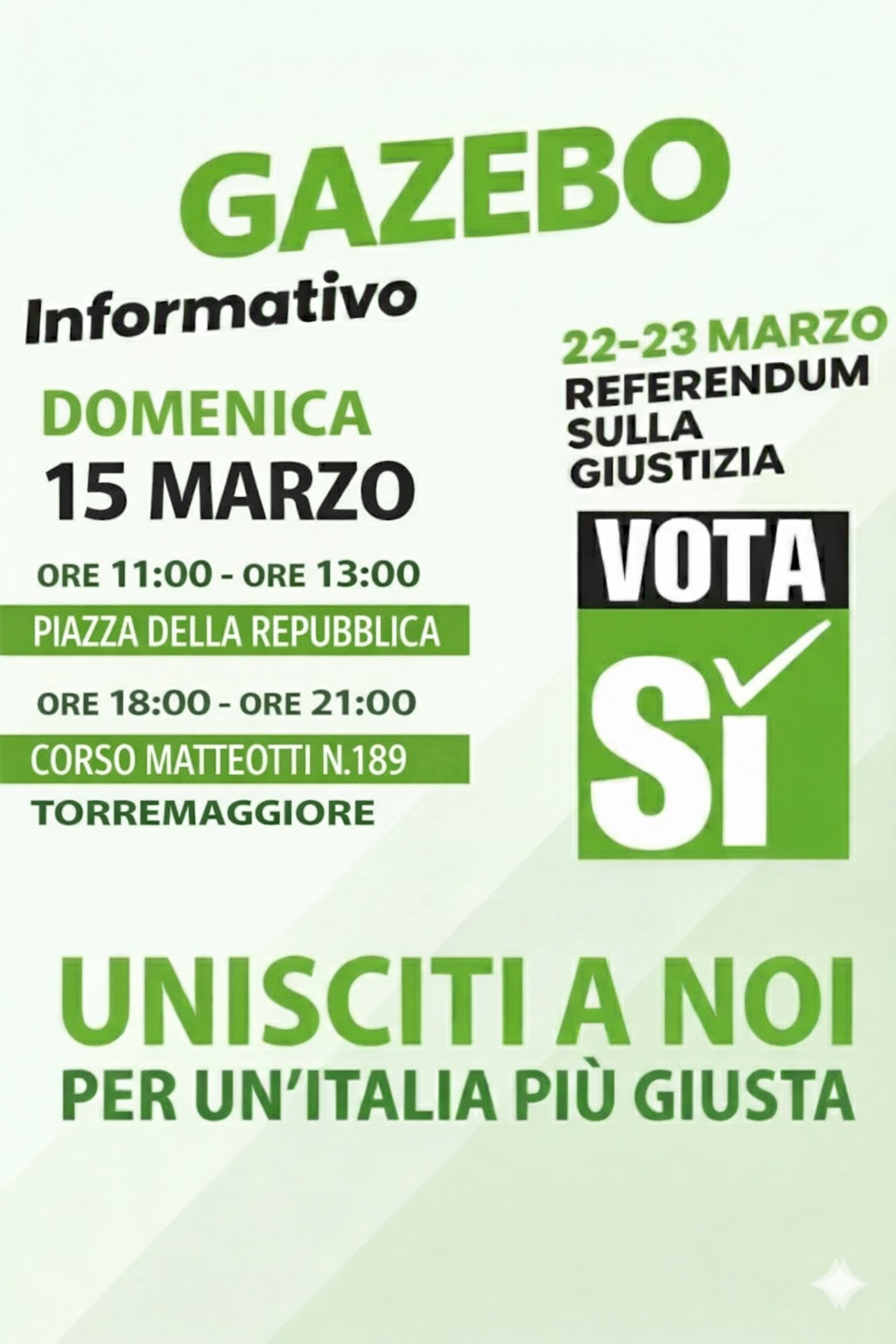 Un comitato spontaneo per il Si al referendum a Torremaggiore aperto a tutte le forze politiche  associazioni e cittadini ha testimoniato Domenica 15 marzo 2026 l’importanza di votare SI