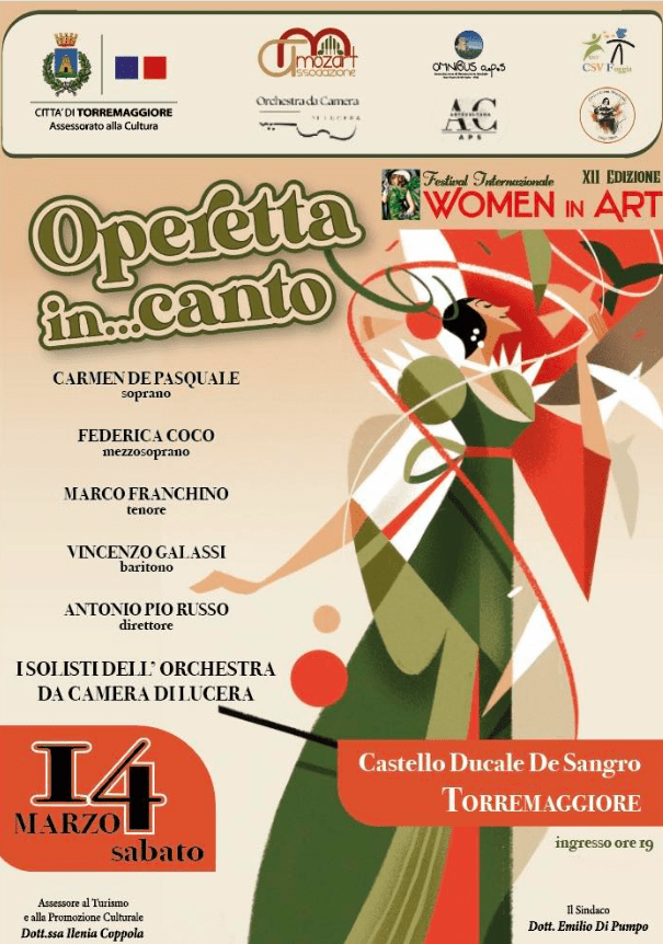 Sabato 14 marzo alle ore 19 presso la Sala delle Udienze del Castello Ducale De Sangro di Torremaggiore si terrà il Festival Internazionale Women in Art 2026 dedicato alla memoria di Stefania Trematore organizzato dall’Associazione Culturale Musicale Mozart