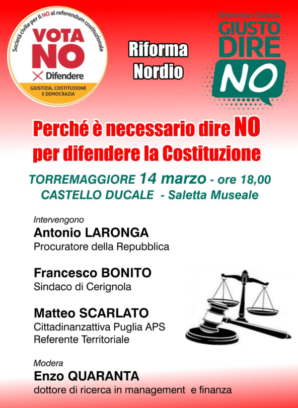 Perchè è necessario dire no per difendere la Costituzione: convegno il 14 marzo 2026 al Castello Ducale De Sangro di Torremaggiore presso la Saletta Museale a partire dalle ore 18