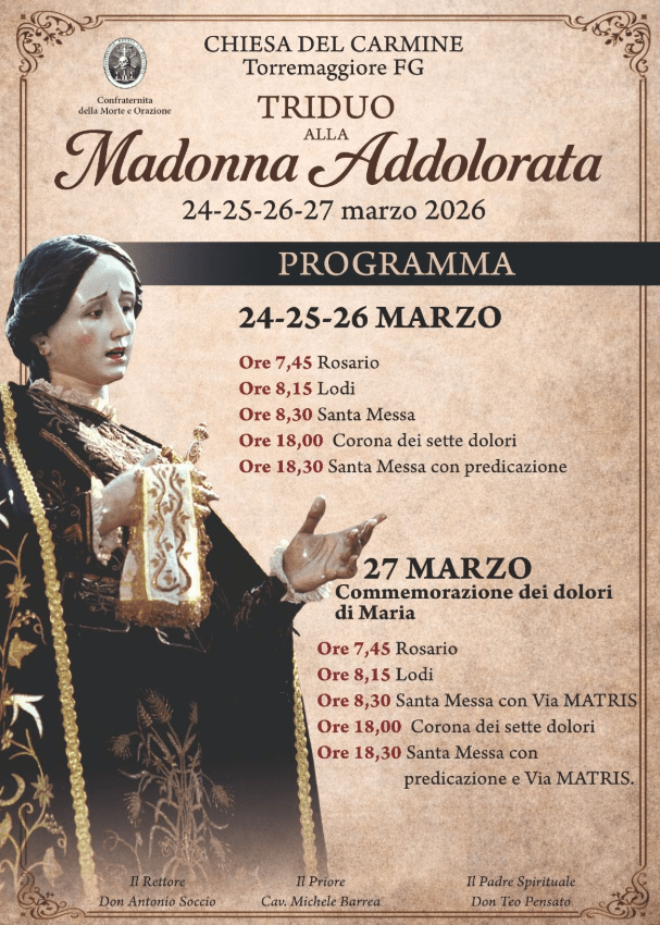 Torremaggiore: fino al 27 marzo 2026 Triduo alla Madonna dell’Addolorata Patrona e Protettrice di Torremaggiore