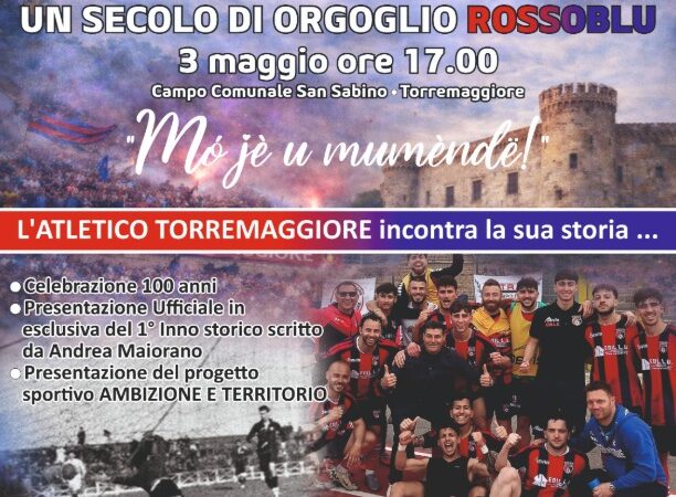 3 maggio 2026 alle ore 17 : un secolo di orgoglio rossoblu, appuntamento allo Stadio Comunale San Sabino per festeggiare il primo centenario del calcio locale