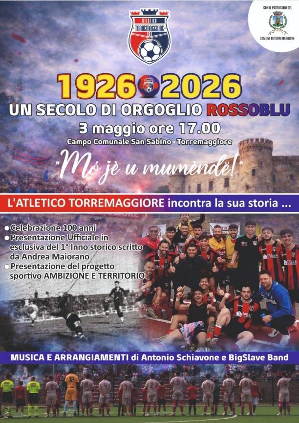 3 maggio 2026 alle ore 17 : un secolo di orgoglio rossoblu, appuntamento allo Stadio Comunale San Sabino per festeggiare il primo centenario del calcio locale