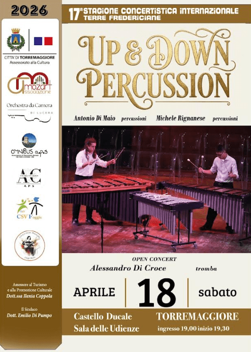 Sabato 18 aprile 2026 alle ore 19 presso la Sala delle Udienze del Castello Ducale De Sangro di Torremaggiore si terrà il Concerto con il Duo Up & Down Percussion organizzato dall’Associazione Culturale Musicale Mozart