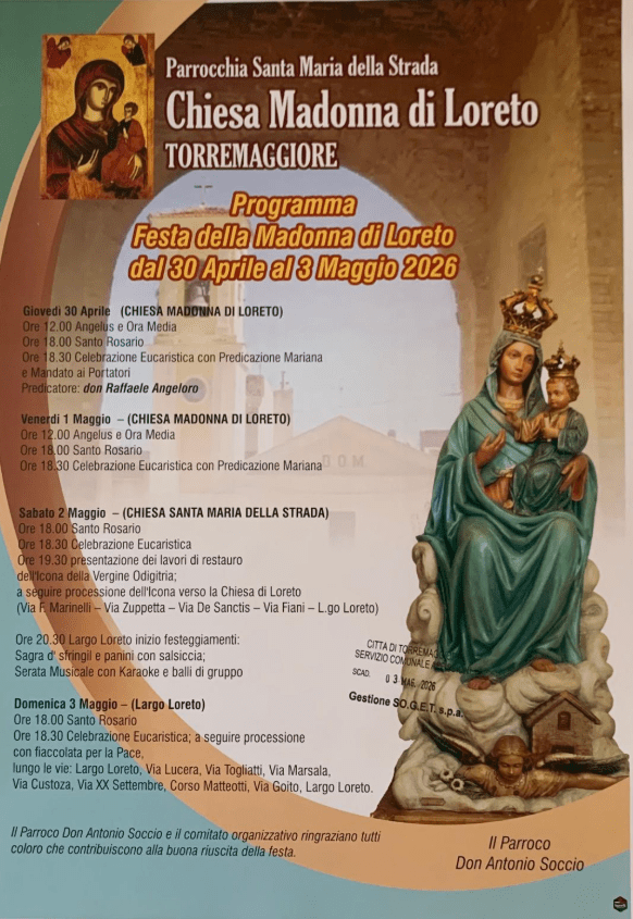 PROGRAMMA FESTA MADONNA DI LORETO A TORREMAGGIORE DAL 30 APRILE AL 3 MAGGIO 2026