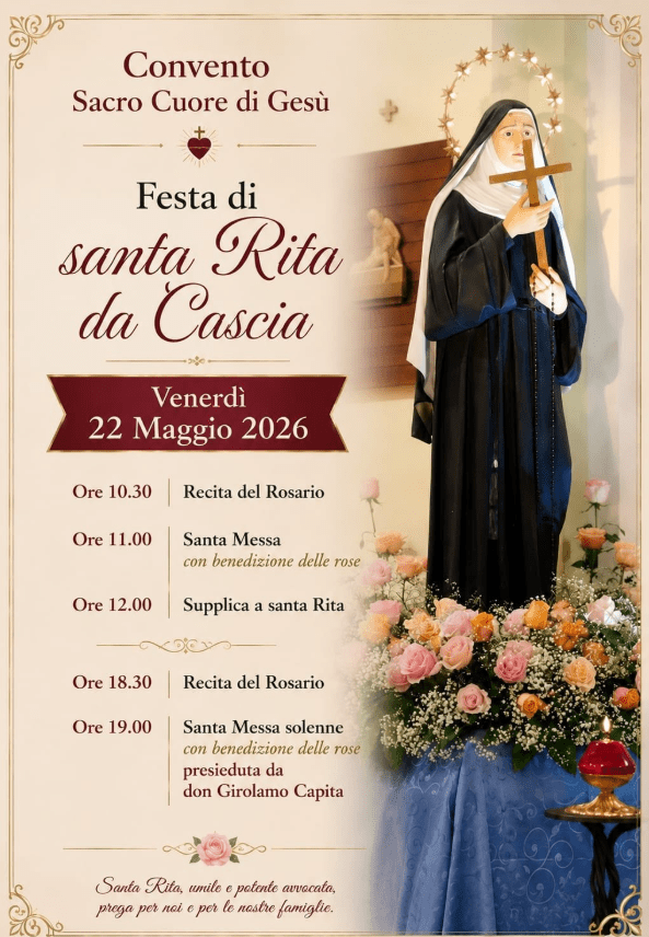 21 maggio 2026: programma Festa Santa Rita a Torremaggiore presso la Chiesa del Convento Sacro Cuore nel quartiere San Matteo