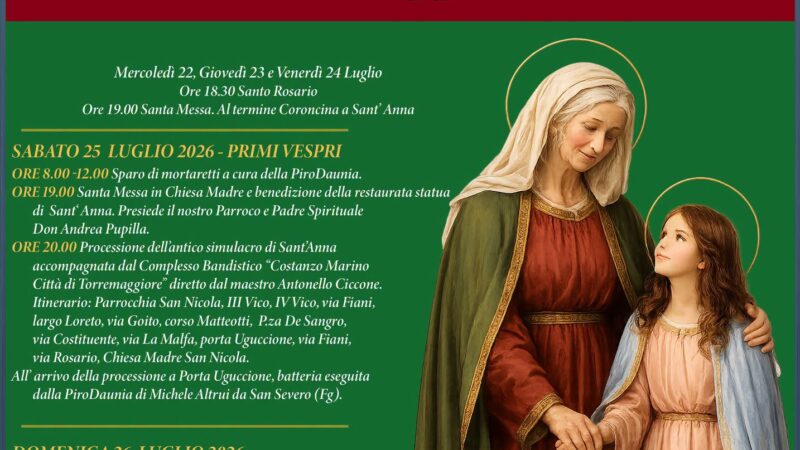Torremaggiore: programma solennità di Sant’Anna dal 25 al 26 luglio 2026