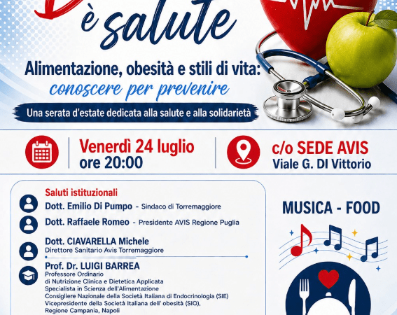 Donare è salute: a Torremaggiore una giornata di prevenzione tra donazione del sangue, nutrizione e corretti stili di vita, appuntamento al 24 luglio 2026 presso la sede AVIS di Viale Giuseppe Di Vittorio