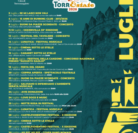 Programma definitivo del cartellone Torrestate luglio 2026