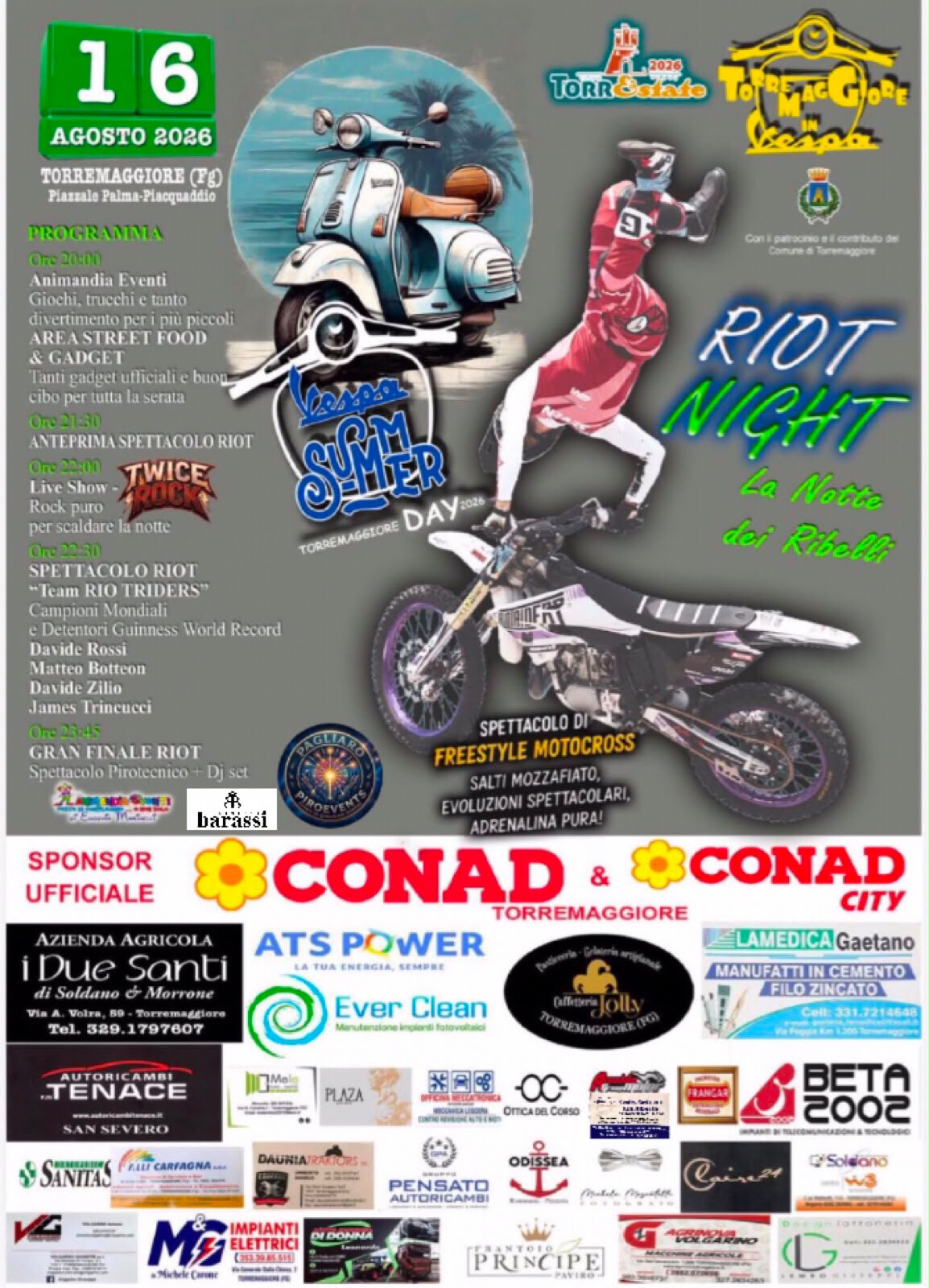 TORREMAGGIORE: IL 16 AGOSTO 2026 TORNA IL VESPA SUMMER DAY CON LA RIOT NIGHT, PROGRAMMA DETTAGLIATO