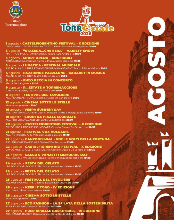 Programma definitivo del cartellone Torrestate agosto 2026