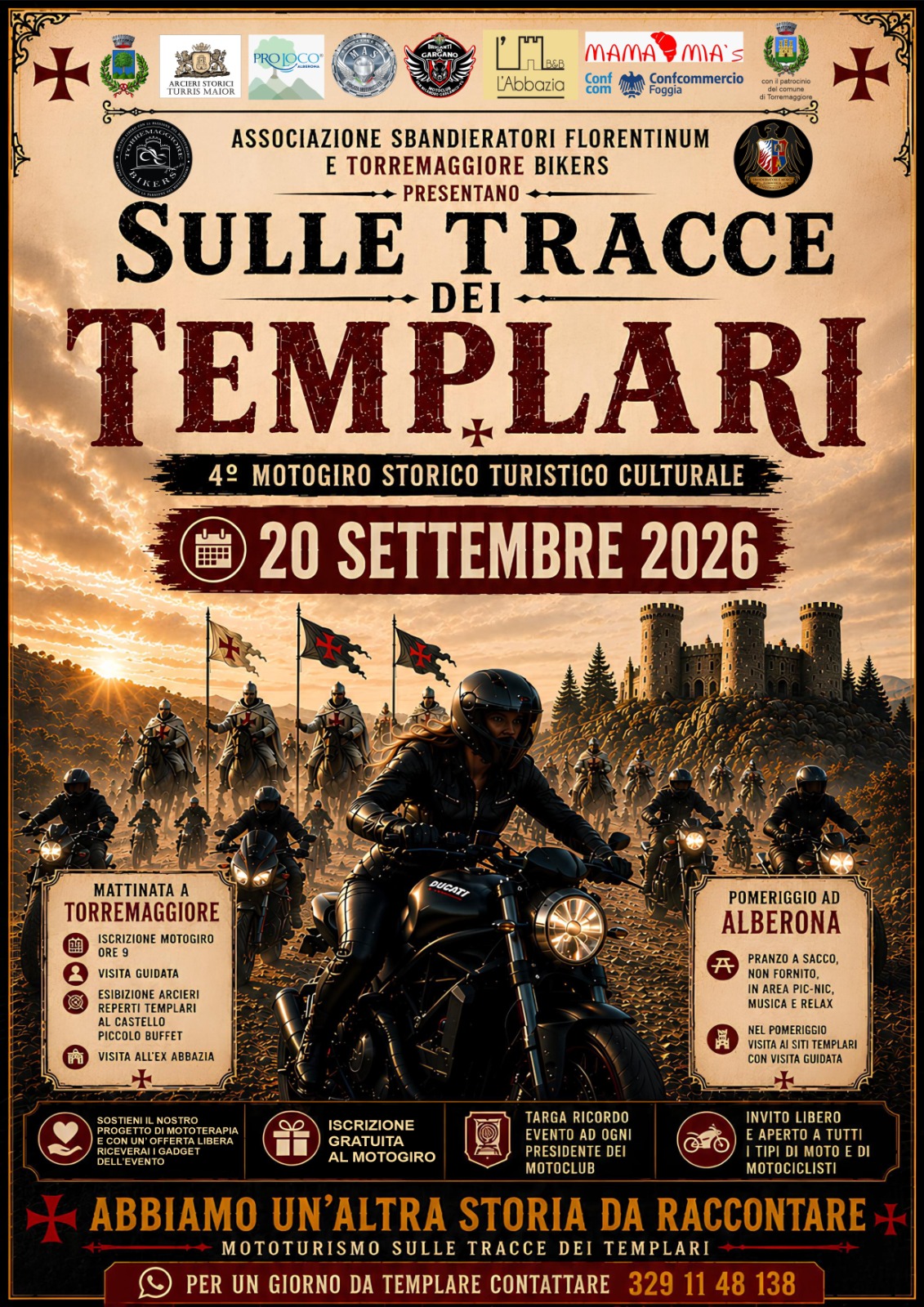 MOTOTURISMO E CULTURA: TORNA IL MOTOGIRO STORICO, TURISTICO , CULTURALE IV° EDIZIONE A TEMA SULLE TRACCE DEI TEMPLARI TRA TORREMAGGIORE E ALBERONA