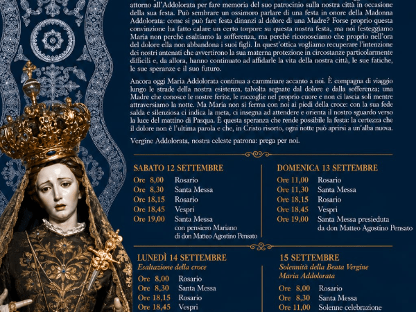 Programma celebrazioni in onore della Beata Vergine Maria Addolorata Patrona della Città di Torremaggiore dal 12 al 15 settembre 2026