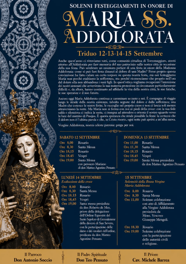 Programma celebrazioni in onore della Beata Vergine Maria Addolorata Patrona della Città di Torremaggiore dal 12 al 15 settembre 2026