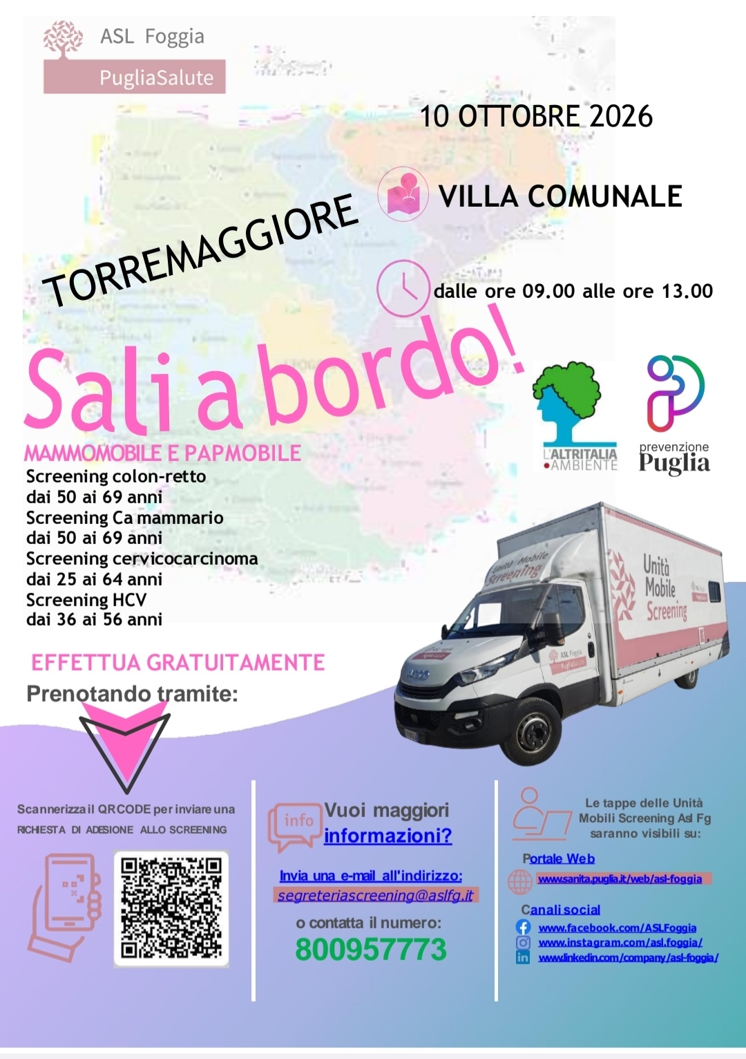 Mammomobile e papmobile a Torremaggiore sabato 10 ottobre 2026 presso la Villa Comunale Federico II dalle 9 alle 13