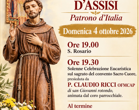 Il 4 ottobre 2026 a Torremaggiore si festeggia il Patrono d’Italia San Francesco d’Assisi presso il sagrato della Chiesa del Convento Sacro Cuore nel quartiere San Matteo alle ore 19.30 con una Santa Messa all’aperto con Padre Claudio Ricci OFM Cap di San Giovanni Rotondo